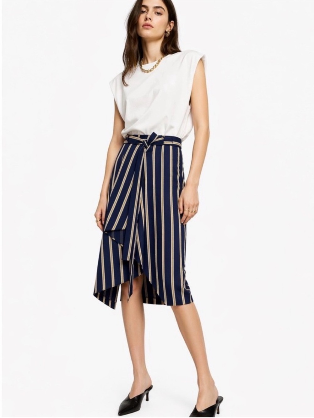 BCBGMaxAzria Navy Striped Asymmetrical Tie-Waist Midi Skirt
